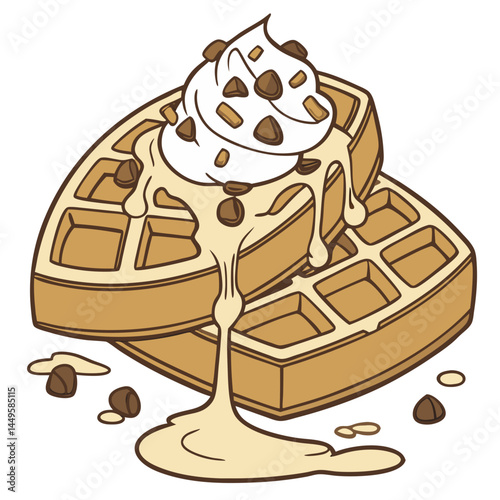 Fluffy Waffle with Cream Sauce, Cereal Bits, and Chocolate Chips – Transparent Background. Perfect for: Brunch, food festival, dessert cafe