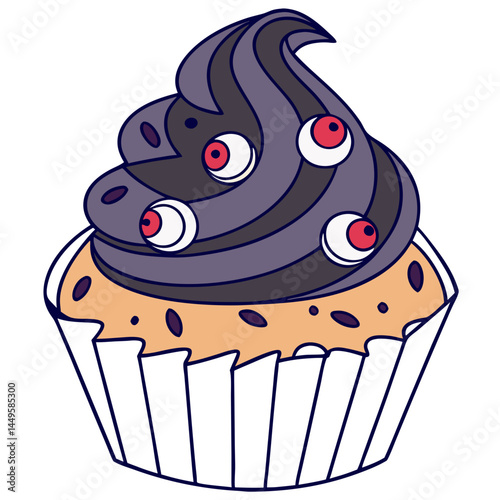 Halloween Blueberry Muffin with Black Swirl and Eyeball Candy – Transparent Background. Perfect for: Halloween, kids’ party, spooky dessert table