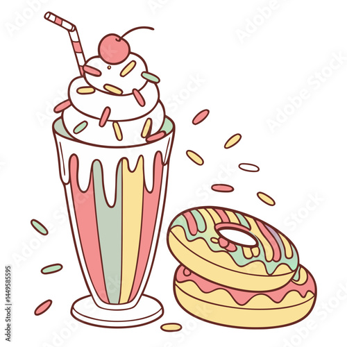 Overloaded Milkshake with Whipped Cream, Rainbow Candies, and Donut – Transparent Background. Perfect for: Birthday party, carnival, dessert café