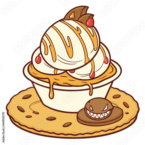Pumpkin Ice Cream Sundae with Caramel and Vampire Candy – Transparent Background. Perfect for: Halloween, fall festival, kids' party
