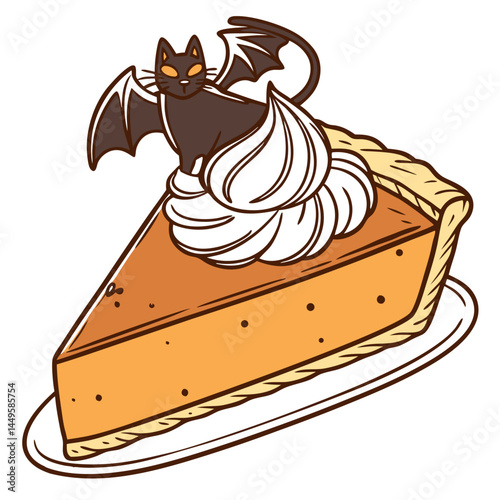 Halloween Pumpkin Pie with Whipped Cream, Bat Candy, and Black Cat Chocolate – Transparent Background. Perfect for: Halloween, Thanksgiving, fall dinner