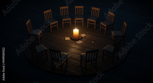 Circle of Chairs with Lit Candle - Mystical Gathering