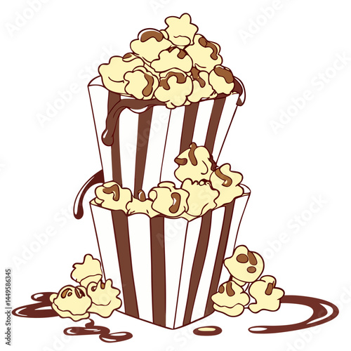 Caramel Popcorn Tower with Rich Chocolate Drizzle – Transparent Background. Perfect for: Movie night, carnival, holiday treat event