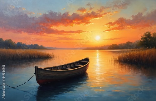 Original painting wooden boat floating on water at sunset. Colorful sky, sun, water reflections create romantic mood. Artwork reflects modern impressionism style, ideal for interior decor, travel