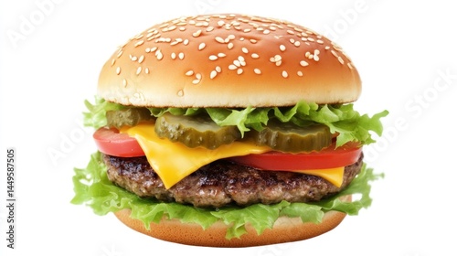 Juicy cheeseburger with lettuce, tomato, and pickles. Food photography for menus