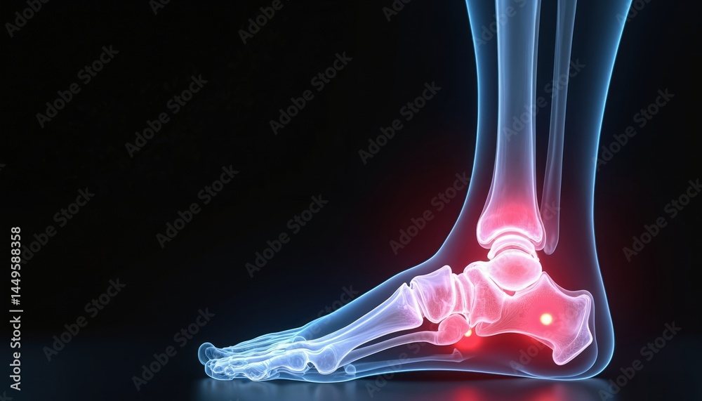 Detailed 3D medical illustration human ankle bones highlighted in red, indicating pain injury. Skeletal structure, ligaments, cartilage. Perfect medical, science, healthcare visuals for anatomy