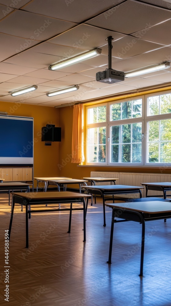 Fototapeta premium Classroom Interior with Desks and Natural Light Streaming Through the Windows for Learning