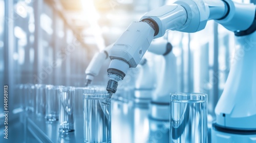 Robotic Arm Filling Glassware with Liquid in a Modern Automated Laboratory Setting for Scientific Research