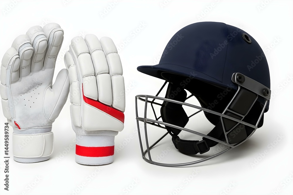 Cricket batting gloves and a helmet ready for use in a cricket match. Concept Cricket Batting Gloves, Protective Helmet, Match Readiness, Equipment Preparation, Sports Safety Gear