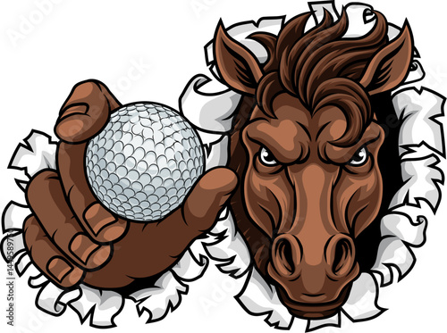 Horse mustang bronco stallion angry golf sports team mascot holding a ball.