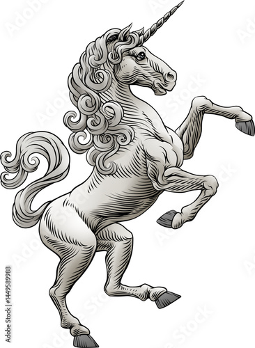 A heraldry coat of arms crest style rearing heraldic Unicorn standing on hind legs in a vintage style