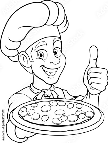 A chef cook holding a pizza cartoon food man mascot character illustration