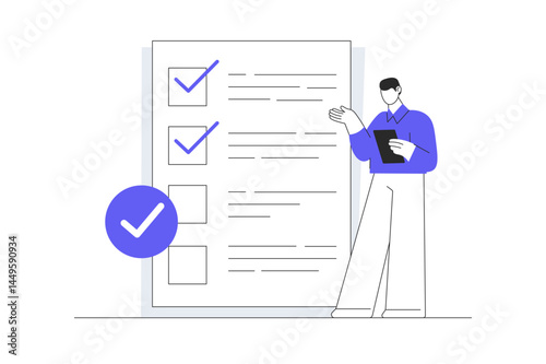 Project management concept. Teamwork to get work done, complete plan. Finishing to do list, work checklist or accomplishment. Flat Cartoon Vector Illustration, icon. Stylish abstract design landing 
