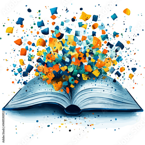 Open Book With Floating Letters, vector watercolor illustration, isolated on a white background.