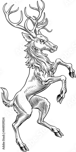 A heraldry coat of arms crest style rearing heraldic male deer or stag hart standing on hind legs in a vintage woodcut style