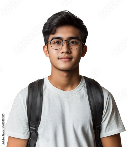 A young, smart male teen or student of Malay or Indonesian descent wearing glasses and carrying a backpack looking straight at the camera, isolated on a transparent background, cut out