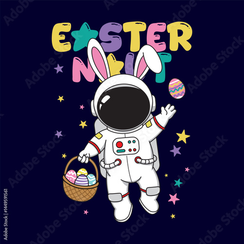 Cartoon astronaut with bunny ears holding an Easter basket, floating in space with colorful eggs and stars.