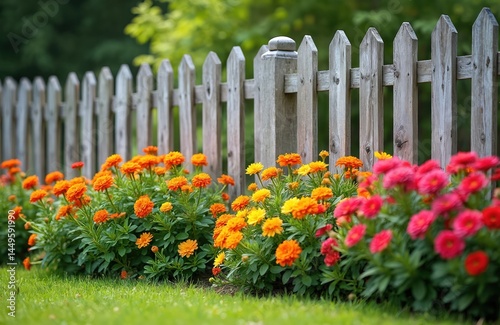 Weathered wooden fence lines colorful flowers shrubs. Bright blooms showcase summer, garden landscape. Plants shrubs with blossoms, greenery. Zinnia orange red flowers grow front fence.