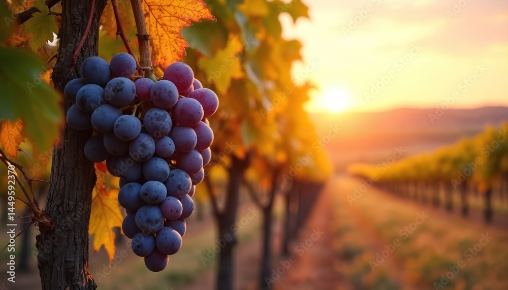 Vineyard with ripe grapes at sunset. Vineyard rows stretch into distance. Warm golden sunlight highlights grape bunch. Winery farm during harvest season. Agriculture landscape background illustration.