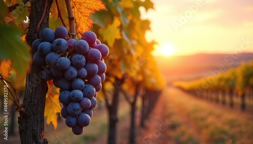 Obraz na płótnie Vineyard with ripe grapes at sunset. Vineyard rows stretch into distance. Warm golden sunlight highlights grape bunch. Winery farm during harvest season. Agriculture landscape background illustration. w salonie