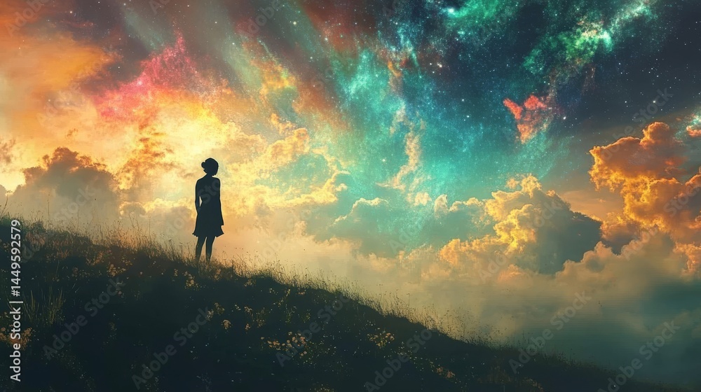 Fototapeta premium Silhouette of a young girl standing on a hill, looking up at a vast, colorful sky.