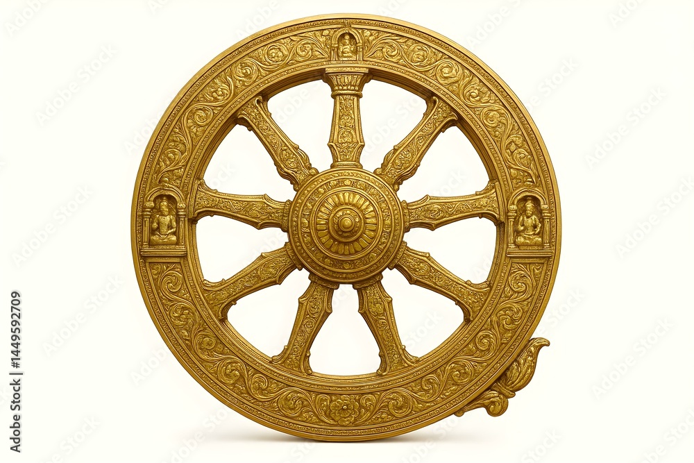 A golden Dharma wheel, symbolizing the teachings of Buddhism, featuring intricate designs and eight spokes. Concept Buddhist Symbols, Golden Dharma Wheel, Intricate Designs, Eight Spokes