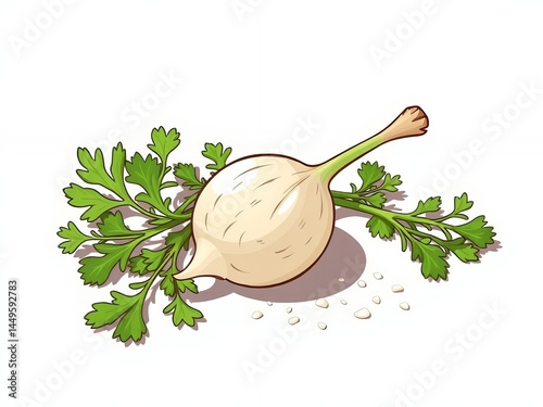 an image of a garlic sprout with parsleya leaves, there is a garlic and parsley on the ground photo