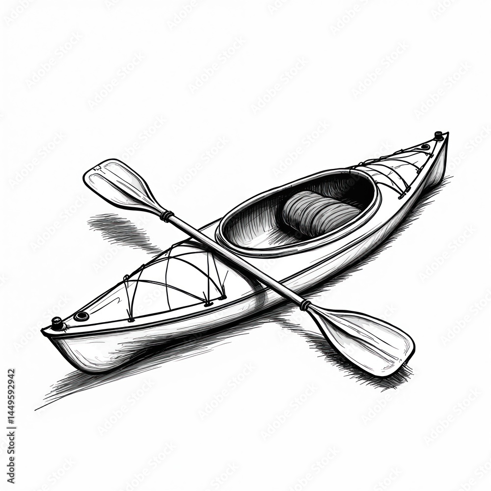 Line art illustration of kayak with paddle. Sketch of water sport equipment, travel, adventure, recreation, outdoor activity at lake, river or sea. Hand drawn black and white illustration.
