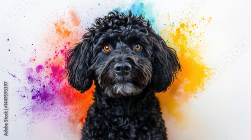 Magical realism of a black labradoodle head shot with piercing eyes with a colour splash set behind the head shot on a white background. random strands of fur delicately coloured.
