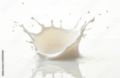 Dynamic illustration of milk splash on white background. Liquid dairy creates crown shape, droplets flying. Minimalistic style, white on white, fresh, pure, clean, healthy, drink.