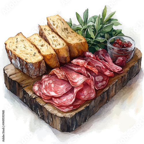 Open-faced Sandwich With Cured Meats, watercolor vector, isolated on a white background.
