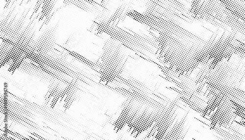 Abstract halftone dots. Spotted and dotted stains gradient background. Abstract comic texture with fading effect. Black and white rough gritty wallpaper. Grunge monochrome geometric backdrop. 