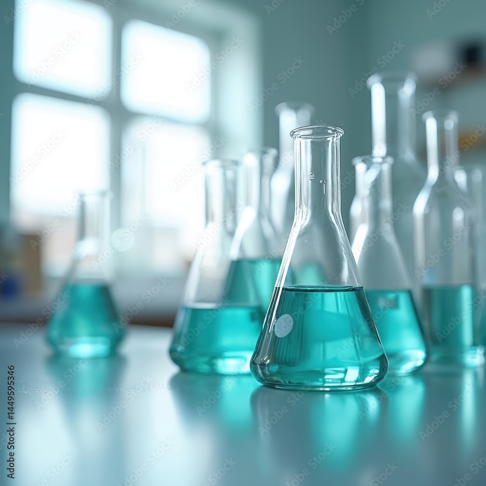 Laboratory glassware beakers with turquoise liquid on table. Scientific research, chemistry experiment, biology, medical analysis concept. Science education background with test tubes. Pharmaceutical