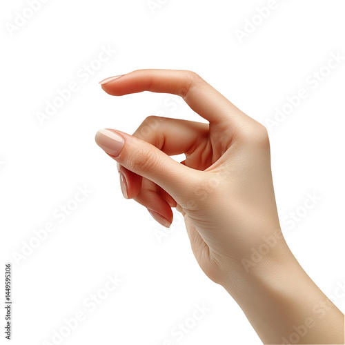 Caucasian female s hand gesture. Pinch, hold, sprinkle action showing salt or spice. Tiny fingers, isolated on a white background