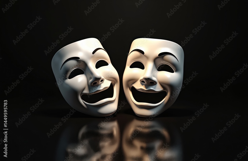 Illustration of two theatre masks reflecting joy and sadness emotions against black background. Comedy and tragedy symbols represent dramatic arts theatrical performances and acting.