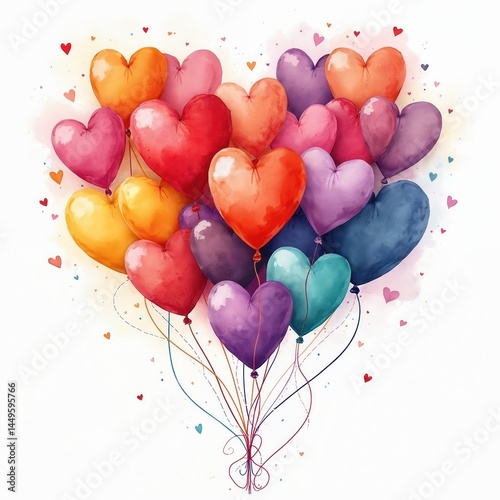 Illustration of heart-shaped balloons in various colors. Balloons tied together, creates shape of large heart. Perfect for Valentine Day, love, romance, weddings, celebration party greeting card