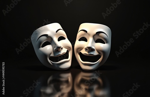Obraz na płótnie Illustration of two theatre masks reflecting joy and sadness emotions against black background. Comedy and tragedy symbols represent dramatic arts theatrical performances and acting. w salonie