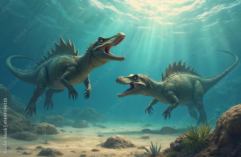 Two colossal dinosaurs swim ocean. Prehistoric reptiles navigate water with massive bodies spiky tails. Jaws poised, adventure, underwater scene. Jurassic creatures swim ocean water habitat.