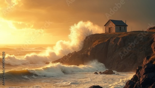 Stone house on cliff withstands ocean storm waves at sunset. Concept of building firm foundation, surviving life challenges. Strong structure overcomes sea disaster. Faith, resilience, safety.
