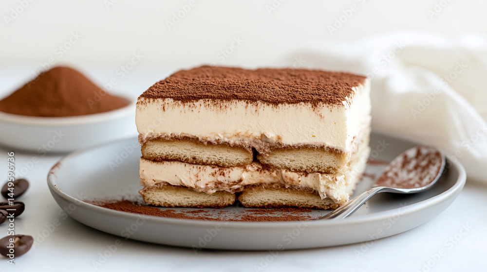Delicious Tiramisu Dessert with Coffee Flavor and Cocoa Powder on Top Served on a Gray Plate