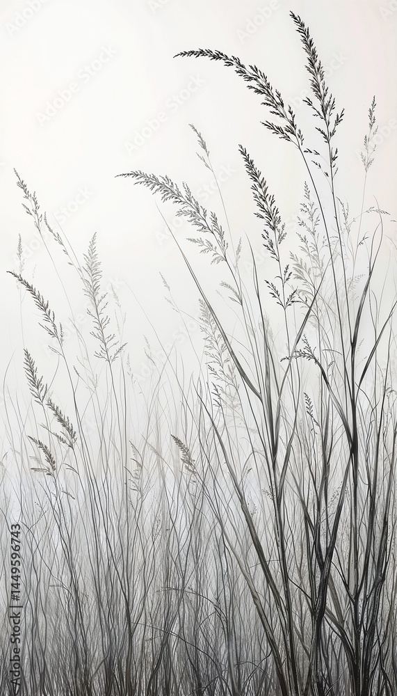 Fototapeta Black and white silhouette of tall grasses and wildflowers