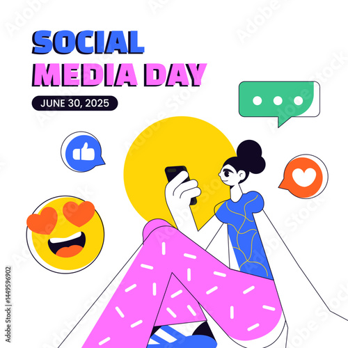 Cute and Fun Social Media Day Illustration with Online Interaction Symbols