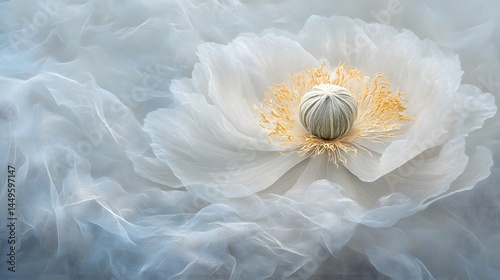 Delicate White Poppy Flower on Sheer Fabric