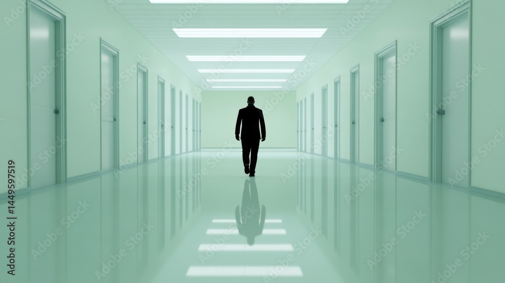 Fototapeta premium Solitary Figure in a Long, Empty Corridor: A Surreal Exploration of Isolation and Uncertainty
