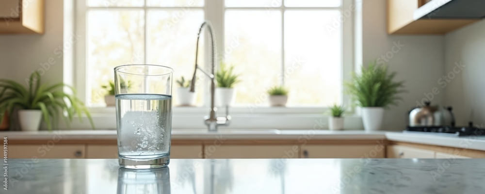 Glass clean water on kitchen table, window background. Transparent refreshing drink, healthy hydration lifestyle. Cool pure clear water, thirst concept.
