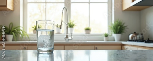 Obraz na płótnie Glass clean water on kitchen table, window background. Transparent refreshing drink, healthy hydration lifestyle. Cool pure clear water, thirst concept. w salonie