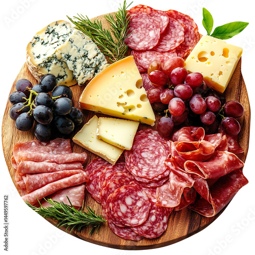 Charcuterie board with assorted cheese, meat, and grapes isolated on a white background.