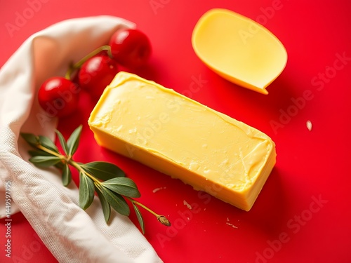 an image of a piece of butter and cherries on a red surface, there is a piece of butter and cherries on a red surface