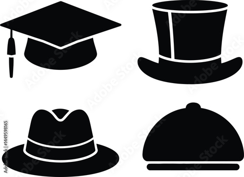 hat and graduation cap icon set over white background, silhouette style, vector illustration