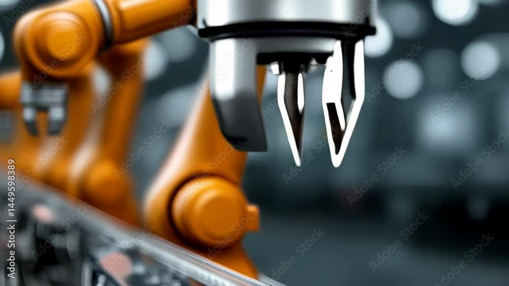 Robotics and Automation: Industrial robotic arms working on a conveyor belt, orange, steel, abstract, industry 4.0, manufacturing concept